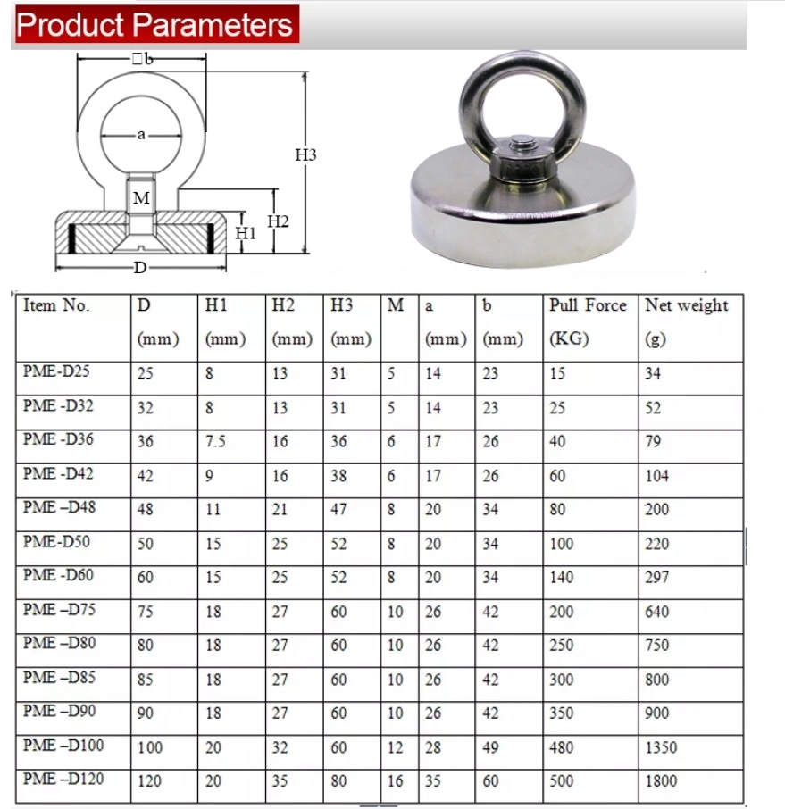 Neodymium Magnetic Pot Magnet 200 Lbs 300 Lbs Fishing Magnet D60mm Hook Magnet with Eyebolt